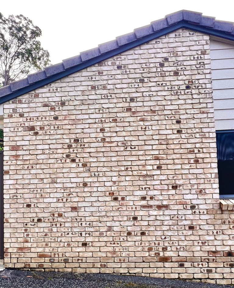 Tan brick residential building needing cleaning